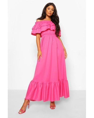 Boohoo Ruffle Off The Shoulder Maxi Dress - Pink