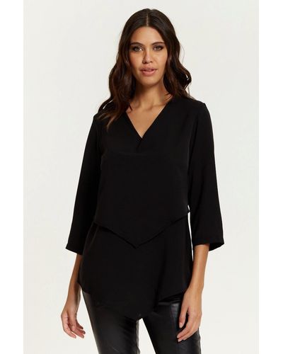 Hoxton Gal Oversized V Neck Detailed Blouse With Layers - Black