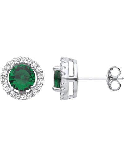 Jewelco London Silver Round Halo Saturn Solitaire Stud Earrings - Gve419em - Green