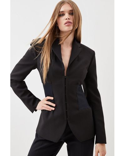 Karen Millen Compact Stretch Tailored Contrast Panel Detail Waist Blazer - Black