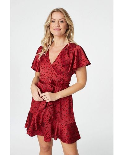 Izabel London Polka Dot Frilled Wrap Mini Dress - Red