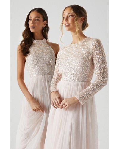 Coast 3d Floral Embellished Long Sleeve Bridesmaid Maxi Dress - Pink