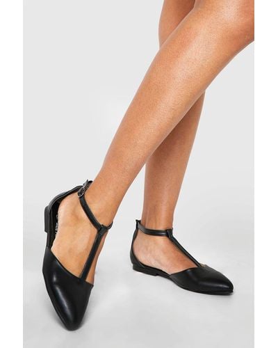 Boohoo Wide Fit T Bar Pointed Flats - Black
