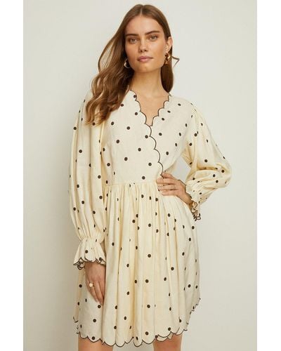 Oasis Rachel Stevens Linen Mix Scallop Printed Spot Dress - Natural