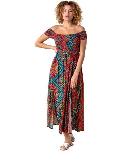 Roman Shirred Aztec Print Bardot Dress