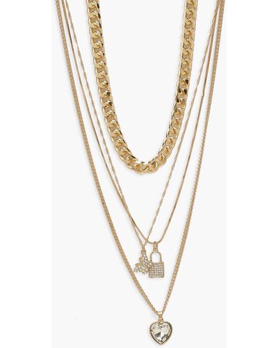 Boohoo Diamante Charm And Curb Chain 4 Pack Necklace - White