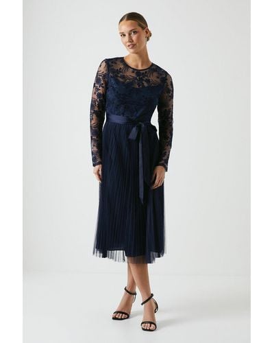 Coast Embroidered Top Mesh Pleat Skirt Bridesmaids Dress - Blue