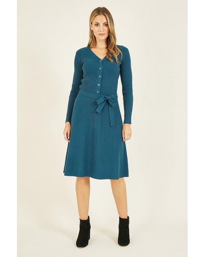 Yumi' Teal Knitted Skater 'anise' Dress - Blue