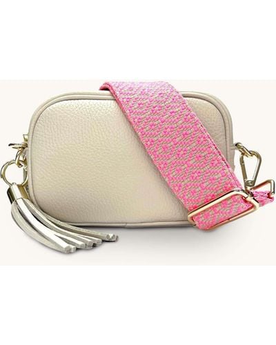 Apatchy London The Mini Tassel Stone Leather Phone Bag With Neon Pink Cross-stitch Strap