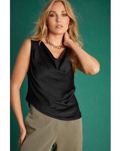 ANOTHER SUNDAY Satin Sleeveless Cowl Cami Top In Black - Green
