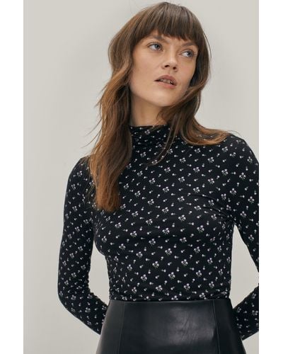 Nasty Gal High Neck Floral Fitted Top - Black