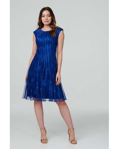Izabel London Floral Striped Fit & Flare Midi Dress - Blue