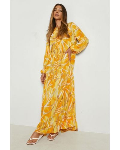 Boohoo Printed Blouson Sleeve Maxi Smock Dress - Yellow