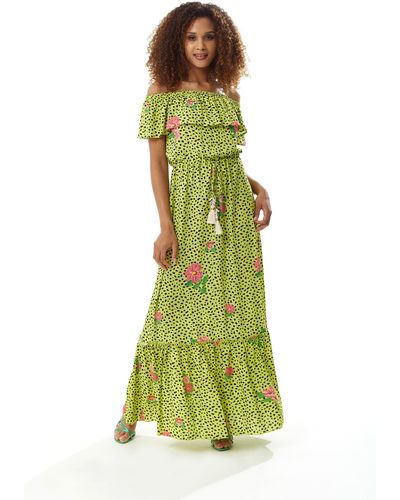 Liquorish Animal And Floral Print Off Shoulder Maxi Dress In Neon Green