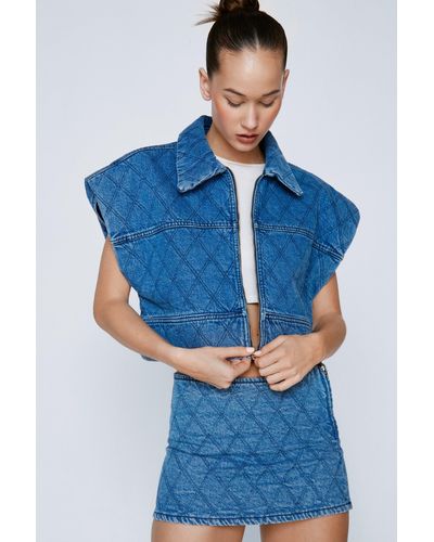 Nasty Gal Quilted Oversized Zip Through Denim Puffer Jacket - Blue