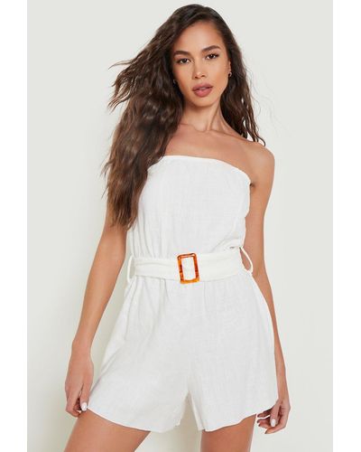 Boohoo Linen Belted Floaty Playsuit - White