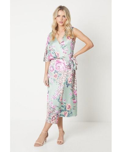 Coast Petite Floral Print Satin Wrap Midi Dress - Multicolour