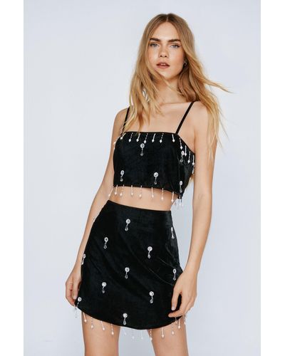 Nasty Gal Velvet Diamante Tassel Crop Top - Black