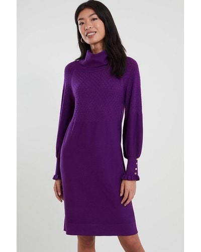 Monsoon Cowl Neck Knitted Rib Dress - Purple