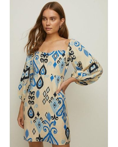 Oasis Linen Mix Ikat Printed Bardot Dress - Blue