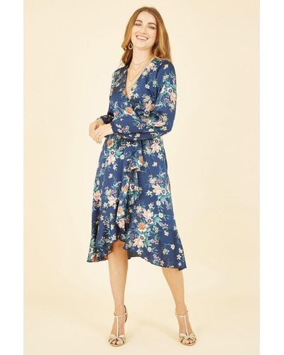 Mela Navy Long Sleeve Floral Print Satin Wrap Dress - Blue