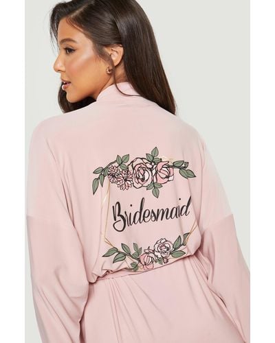 Boohoo Bridesmaid Foil Floral Print Lace Trim Robe - Pink