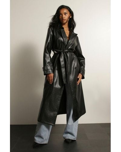 MissPap Embossed Leather Look Trench Coat - Brown