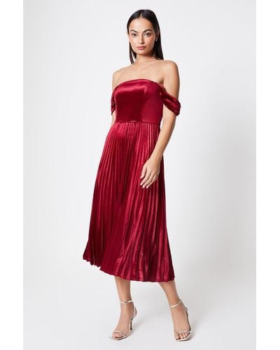 Coast Velvet Bardot Drape Sleeve Pleated Dress - Red