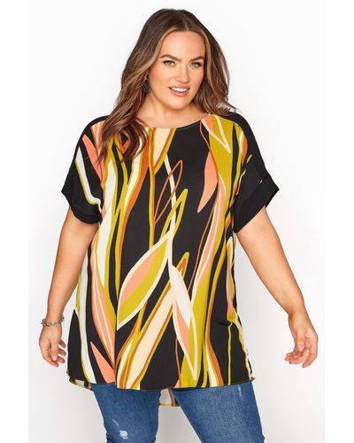 Yours Printed Dipped Hem Tunic Top - Black
