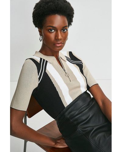 Karen Millen Colour Block Knitted Polo Top - Black