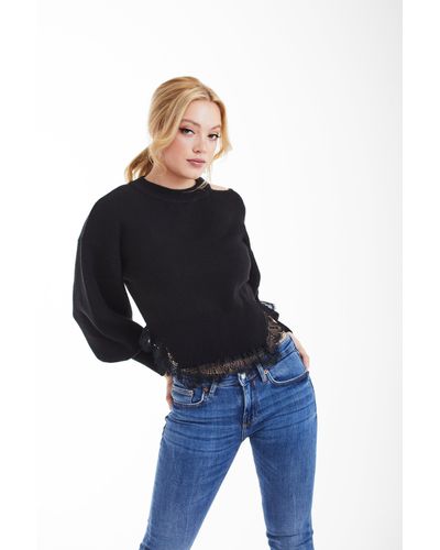 Double Second Knit Jumper With Lace Trim - Blue