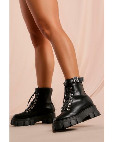 MissPap Leather Look Buckle Detail Lace Up Ankle Boot - Black