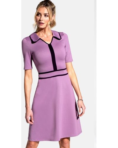 Hot Squash Contrast Piping Dress With Flared Skirt - Purple