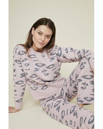 Oasis Animal Knitted Loungewear Two Piece Set - Grey