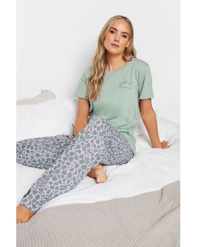 Long Tall Sally Tall 'wildest Dreams' Slogan Leopard Print Pyjama Set - Green