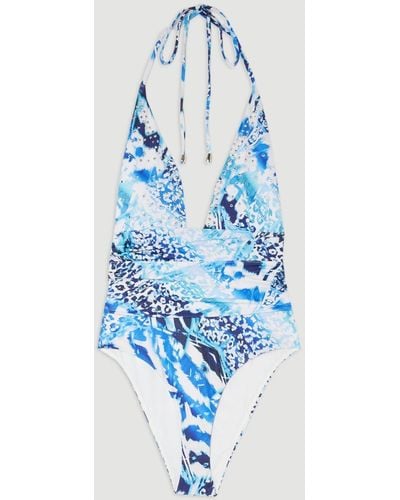 Karen Millen Abstract Print Embellished Trim Tie Detail Swimsuit - Blue