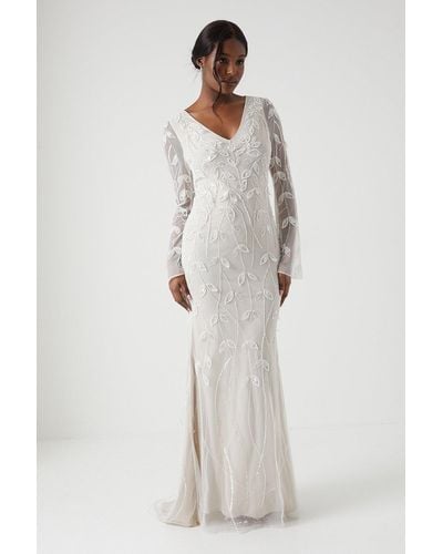 Coast Premium Embroidered Trailing Floral Long Sleeve Weddin Dress - Natural