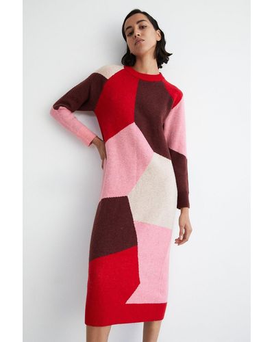 Warehouse Abstract Colourblock Midi Knit Dress - Red