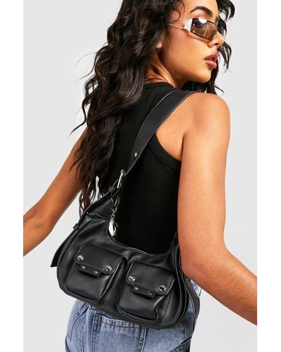 Boohoo Double Pocket Stud Detail Shoulder Bag - Black