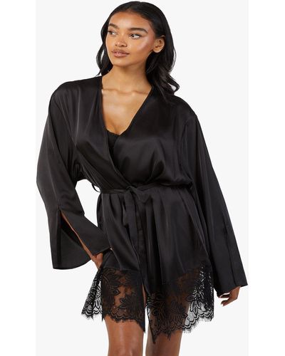 Wolf & Whistle Rosie Satin And Lace Robe - Black