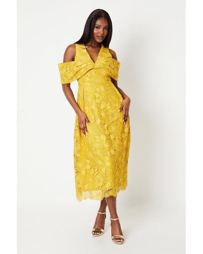 Coast Bardot Panel Lace Midi Dress - Yellow