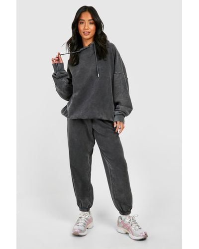 Boohoo Petite Acid Wash Hoody And Jogger Tracksuit in Blue