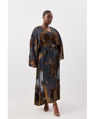Karen Millen Plus Size Feather Devore Woven Kimono Maxi Dress - Black