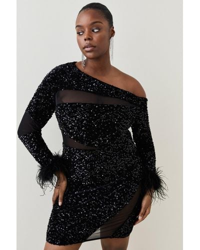 Karen Millen Plus Size Sequin Velvet Mesh Detail Feather Cuff Jersey Mini - Black