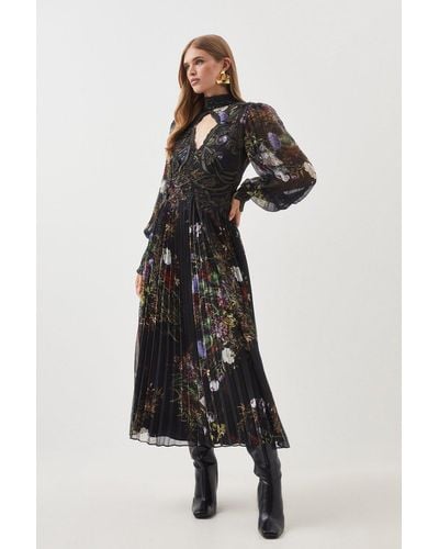 Karen Millen Tall Size Floral Applique Pleated Maxi Dress - Black
