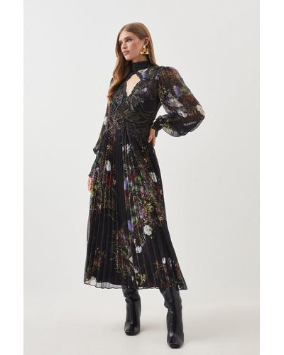 Karen Millen Petite Floral Applique Lace Pleated Maxi Dress - Black