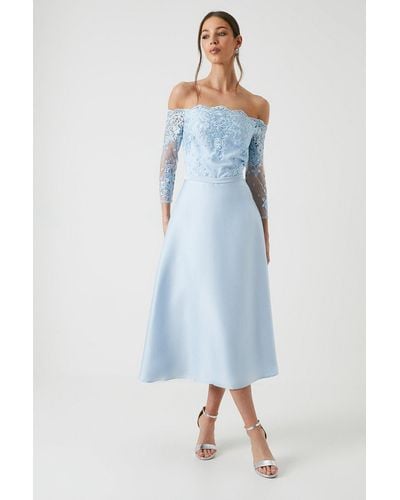 Coast Mesh Bardot Satin Skirt Bridesmaids Dress - Blue
