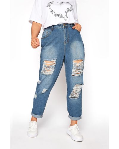 Yours Extreme Ripped Mom Jeans - Blue