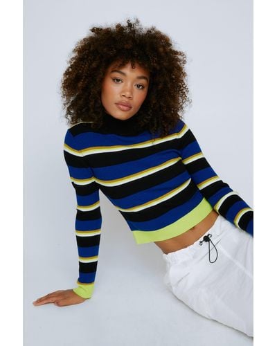 Nasty Gal Stripe High Neck Cropped Jumper - Blue