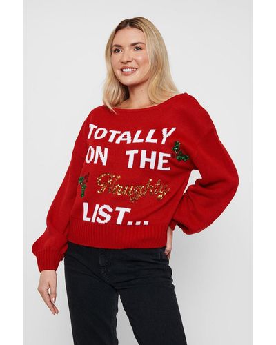 Threadbare 'naughty List' Off The Shoulder Christmas Jumper - Red